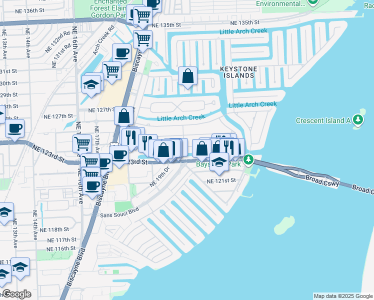 map of restaurants, bars, coffee shops, grocery stores, and more near 2060 Northeast 124th Street in North Miami