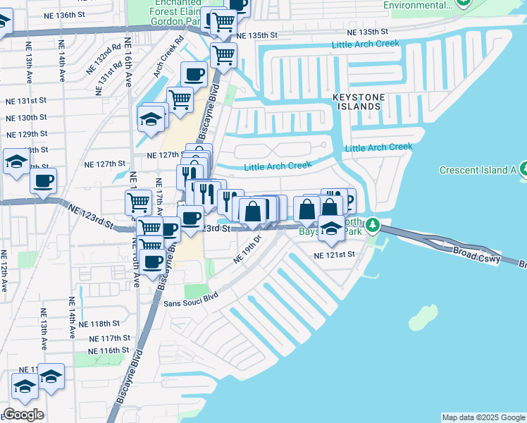 map of restaurants, bars, coffee shops, grocery stores, and more near 1970 Northeast 124th Street in North Miami