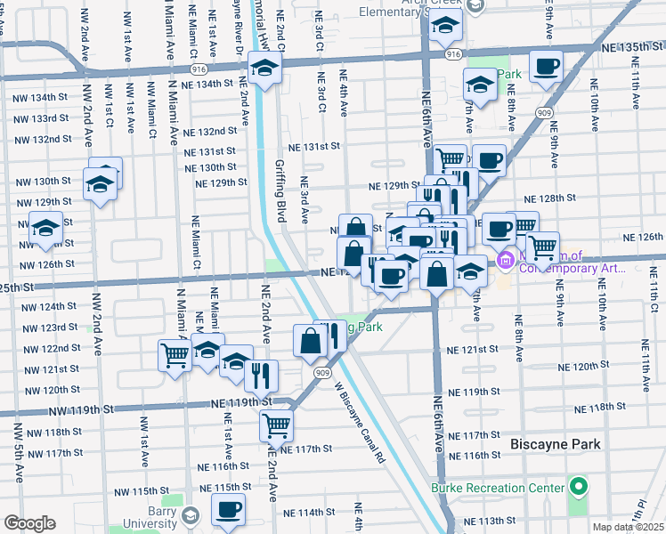 map of restaurants, bars, coffee shops, grocery stores, and more near 360 Florida 922 in North Miami