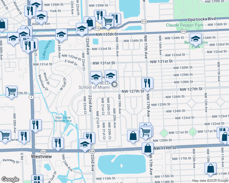 map of restaurants, bars, coffee shops, grocery stores, and more near 1901 Northwest 127th Street in Miami