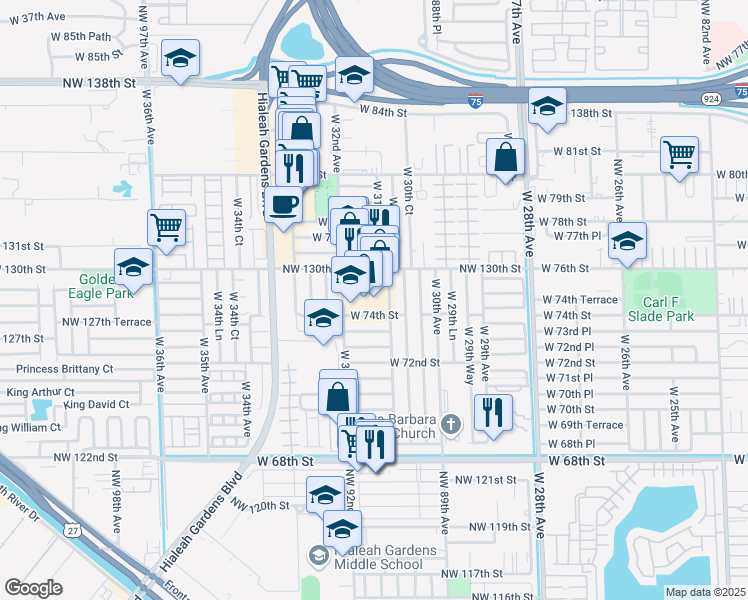 map of restaurants, bars, coffee shops, grocery stores, and more near 7425 West 31st Avenue in Hialeah