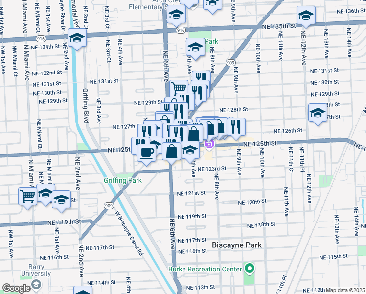 map of restaurants, bars, coffee shops, grocery stores, and more near 12495 Northeast 6th Court in North Miami