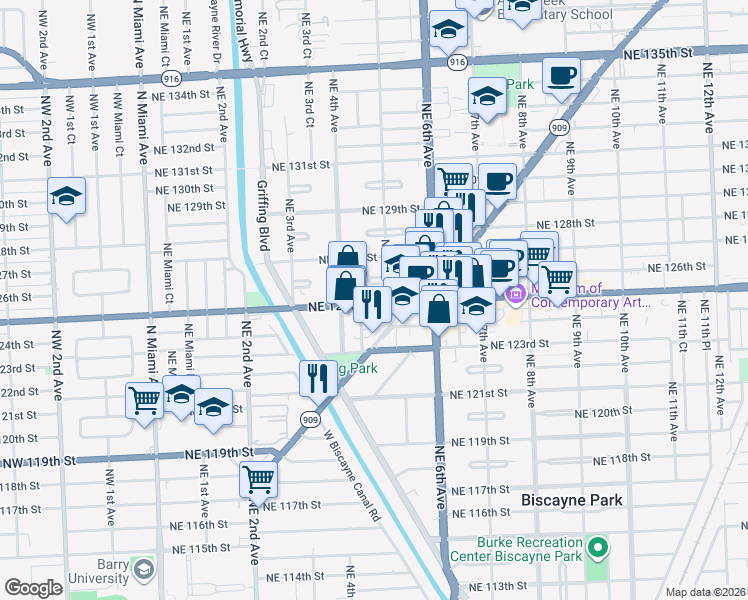 map of restaurants, bars, coffee shops, grocery stores, and more near 510 Northeast 125th Street in North Miami