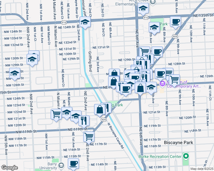 map of restaurants, bars, coffee shops, grocery stores, and more near 360 Florida 922 in North Miami