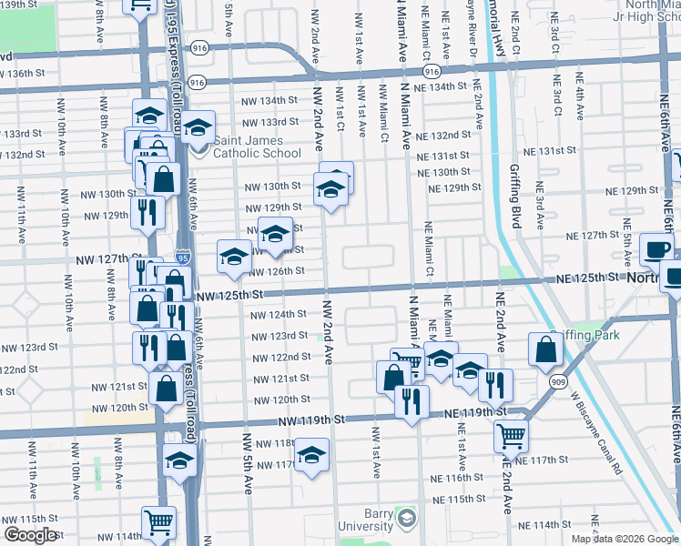 map of restaurants, bars, coffee shops, grocery stores, and more near 165 Florida 922 in North Miami