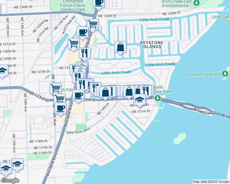 map of restaurants, bars, coffee shops, grocery stores, and more near 2006 Northeast 124th Street in North Miami