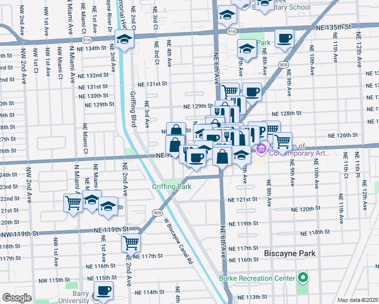 map of restaurants, bars, coffee shops, grocery stores, and more near 510 Northeast 125th Street in North Miami