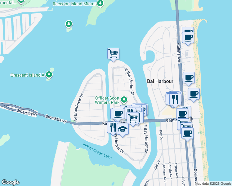 map of restaurants, bars, coffee shops, grocery stores, and more near 1175 99th Street in Bay Harbor Islands
