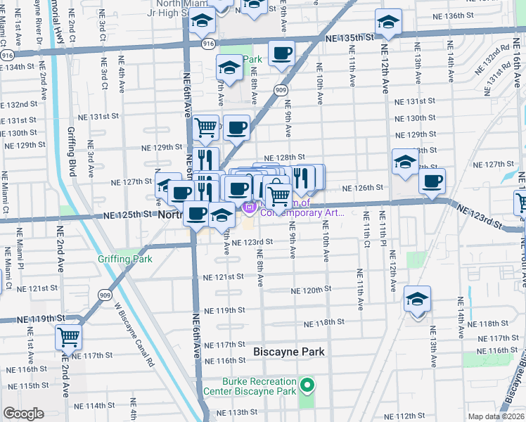 map of restaurants, bars, coffee shops, grocery stores, and more near in North Miami