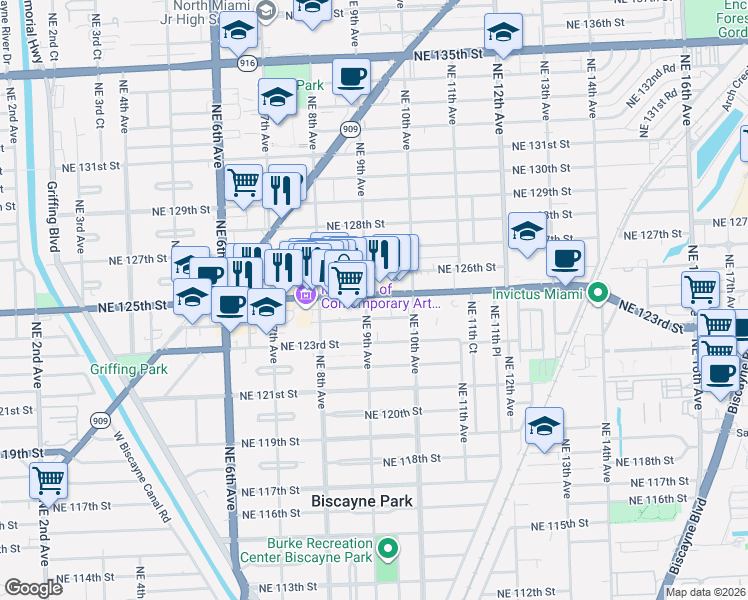 map of restaurants, bars, coffee shops, grocery stores, and more near 990 Northeast 125th Street in North Miami