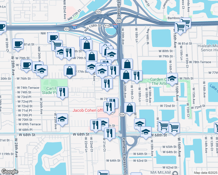 map of restaurants, bars, coffee shops, grocery stores, and more near 204 West 22nd Avenue in Hialeah