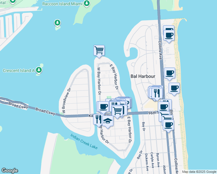 map of restaurants, bars, coffee shops, grocery stores, and more near 1085 99th Street in Bay Harbor Islands