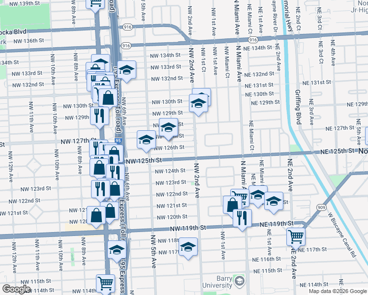 map of restaurants, bars, coffee shops, grocery stores, and more near in North Miami