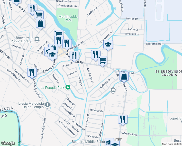 map of restaurants, bars, coffee shops, grocery stores, and more near 5145 Villa Bonita Street in Brownsville
