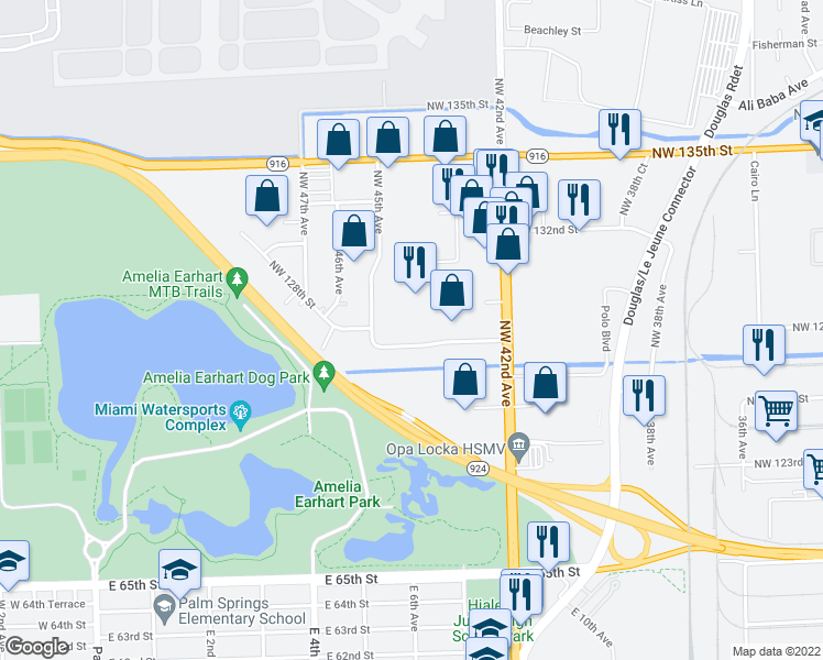 map of restaurants, bars, coffee shops, grocery stores, and more near 4375 Northwest 128th Street in Opa-locka