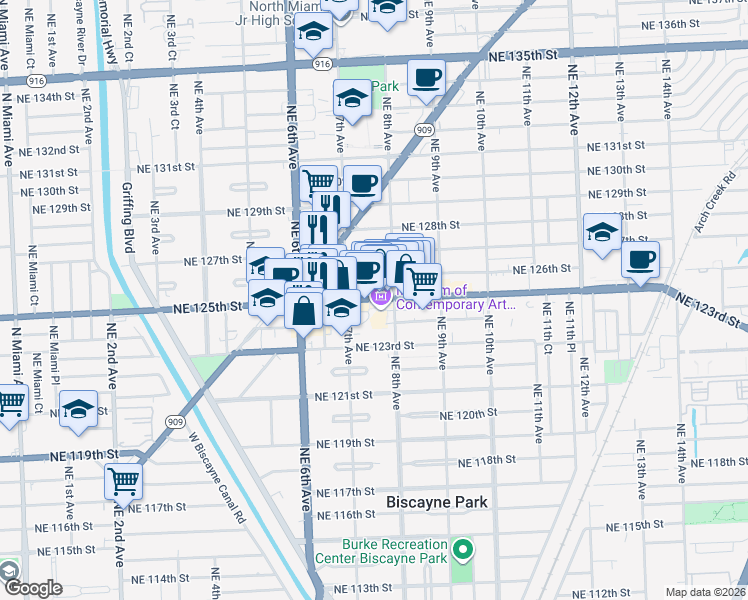map of restaurants, bars, coffee shops, grocery stores, and more near 732 Northeast 125th Street in North Miami