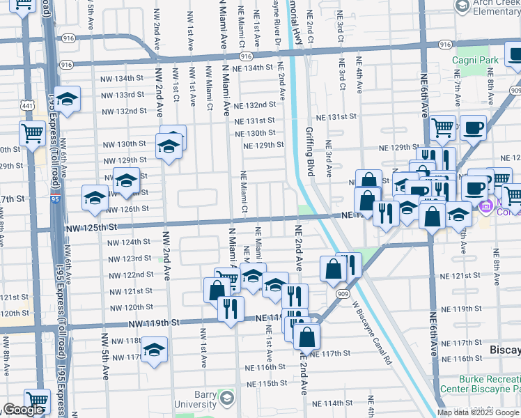 map of restaurants, bars, coffee shops, grocery stores, and more near 12505 Northeast Miami Court in North Miami