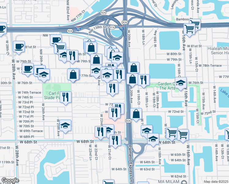 map of restaurants, bars, coffee shops, grocery stores, and more near 204 West 22nd Avenue in Hialeah