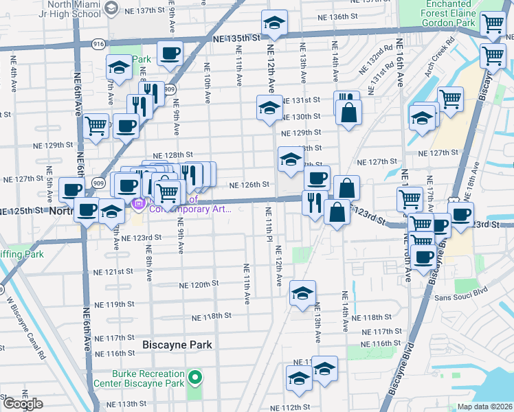 map of restaurants, bars, coffee shops, grocery stores, and more near in North Miami