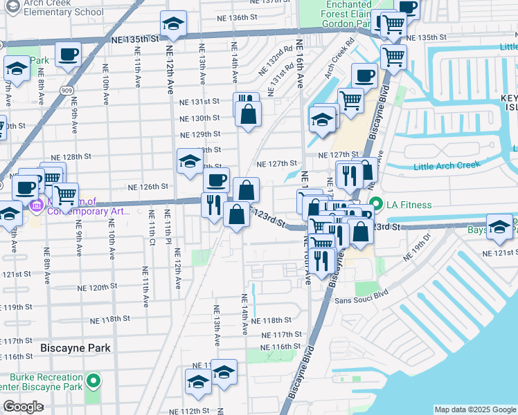 map of restaurants, bars, coffee shops, grocery stores, and more near 1465 Northeast 123rd Street in North Miami
