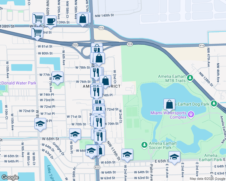 map of restaurants, bars, coffee shops, grocery stores, and more near 245 West 74th Place in Hialeah
