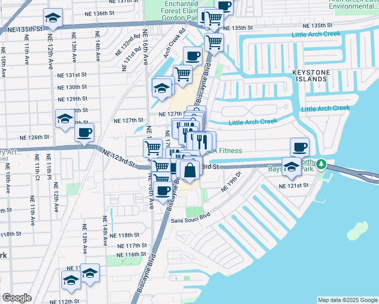 map of restaurants, bars, coffee shops, grocery stores, and more near in North Miami