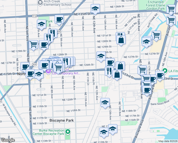 map of restaurants, bars, coffee shops, grocery stores, and more near in North Miami