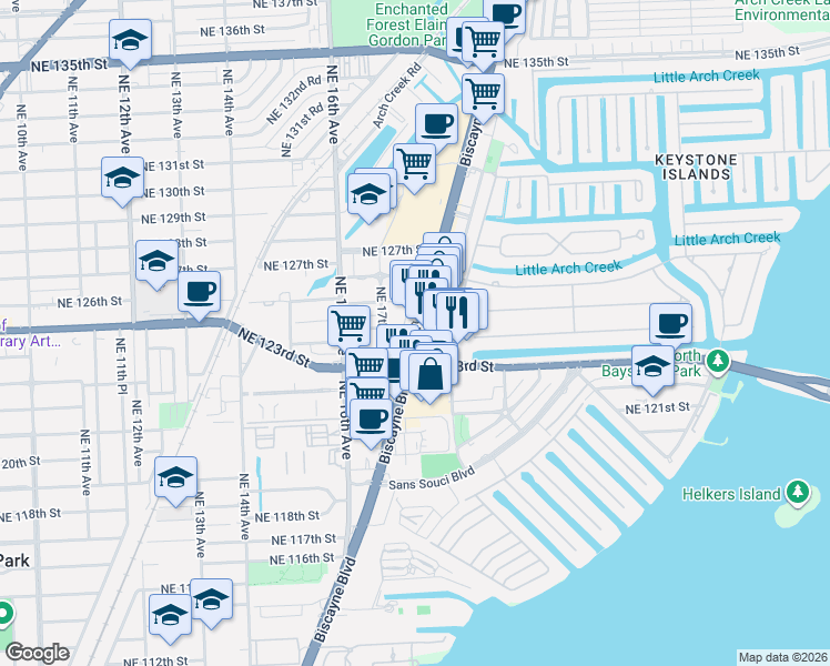 map of restaurants, bars, coffee shops, grocery stores, and more near in North Miami