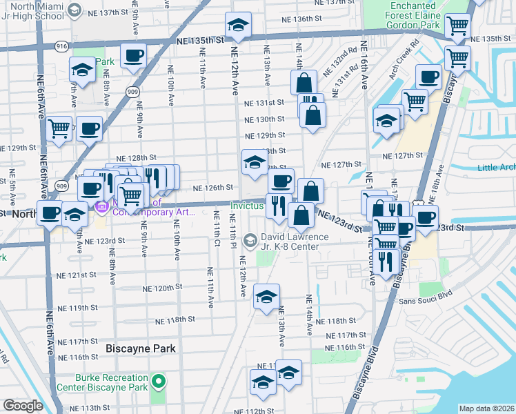 map of restaurants, bars, coffee shops, grocery stores, and more near 1260 Northeast 124th Street in North Miami
