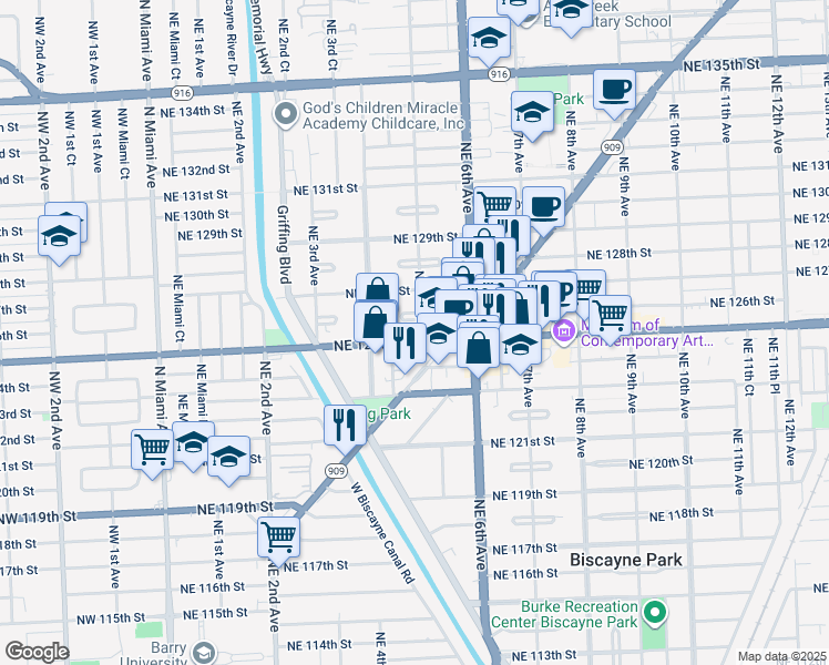 map of restaurants, bars, coffee shops, grocery stores, and more near 510 Northeast 125th Street in North Miami