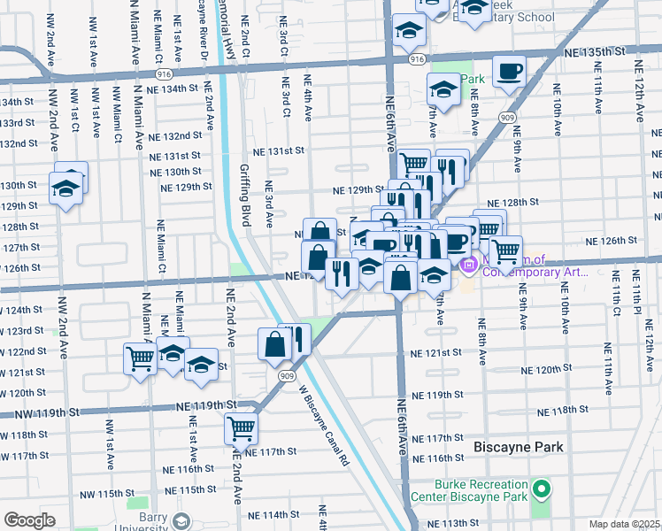 map of restaurants, bars, coffee shops, grocery stores, and more near 450 Northeast 125th Street in North Miami