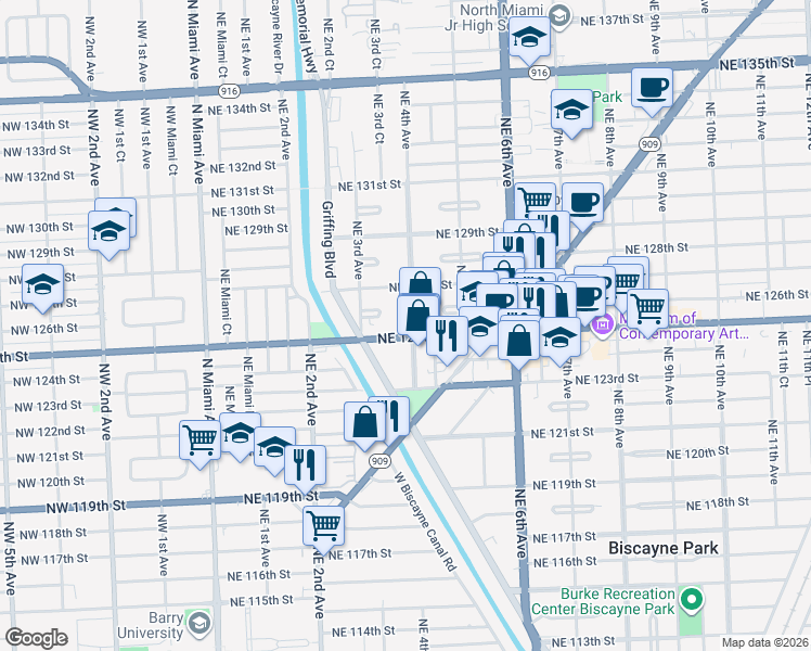 map of restaurants, bars, coffee shops, grocery stores, and more near 360 Florida 922 in North Miami
