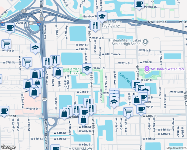 map of restaurants, bars, coffee shops, grocery stores, and more near 7395 West 16th Avenue in Hialeah