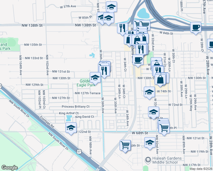 map of restaurants, bars, coffee shops, grocery stores, and more near 3545 West 74th Street in Hialeah
