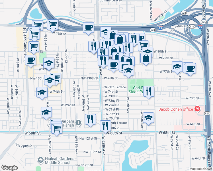 map of restaurants, bars, coffee shops, grocery stores, and more near 2738 West 74th Terrace in Hialeah