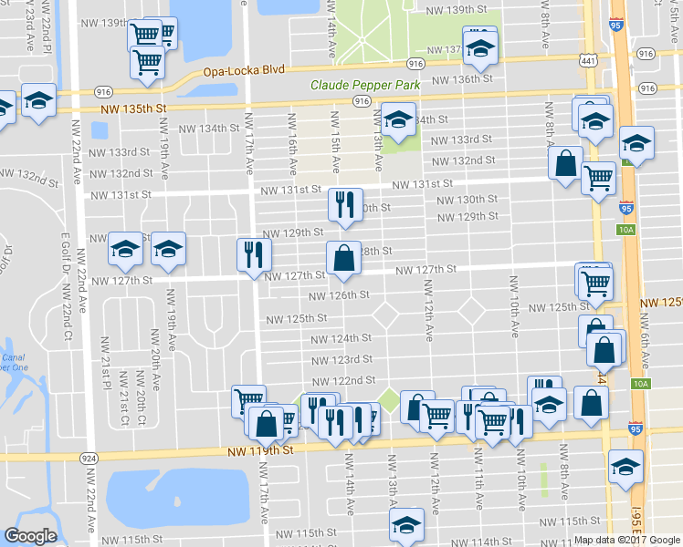 map of restaurants, bars, coffee shops, grocery stores, and more near 1500 Northwest 127th Street in North Miami