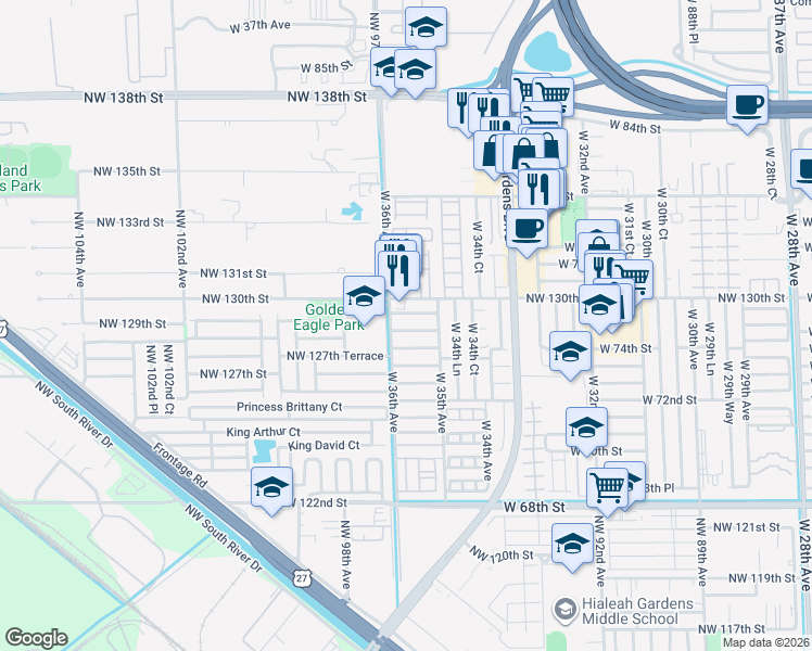 map of restaurants, bars, coffee shops, grocery stores, and more near 3545 West 74th Street in Hialeah