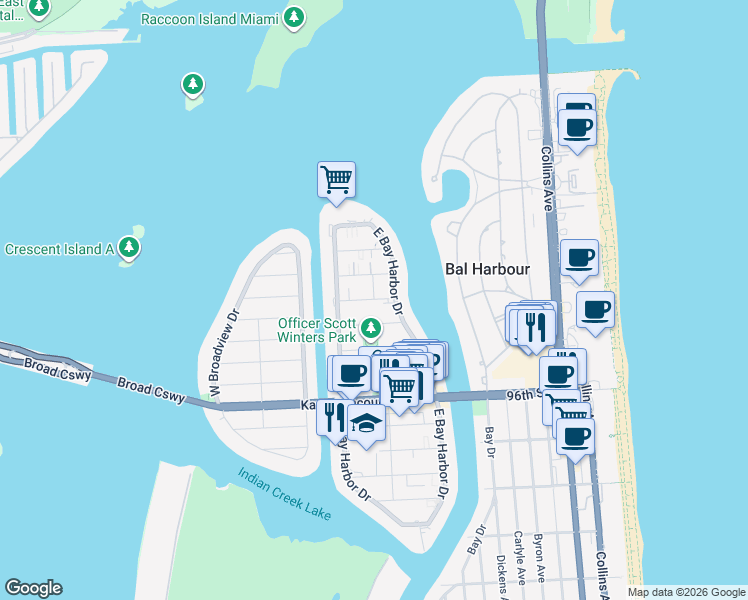 map of restaurants, bars, coffee shops, grocery stores, and more near 1085 99th Street in Bay Harbor Islands