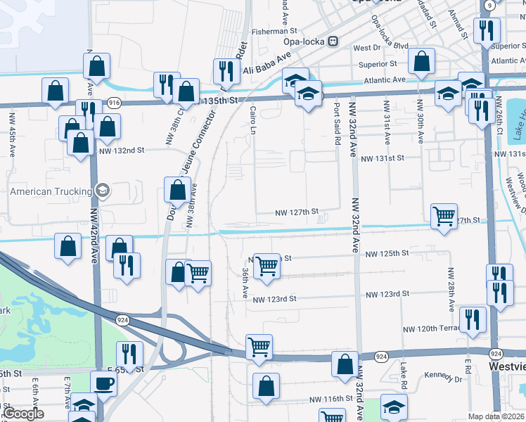 map of restaurants, bars, coffee shops, grocery stores, and more near 12705 Cairo Lane in Opa-locka