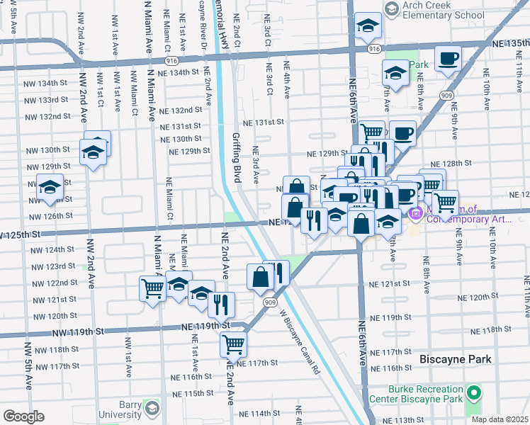 map of restaurants, bars, coffee shops, grocery stores, and more near 360 Florida 922 in North Miami
