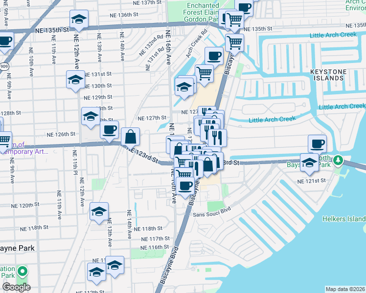 map of restaurants, bars, coffee shops, grocery stores, and more near in North Miami