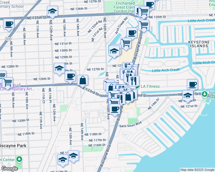 map of restaurants, bars, coffee shops, grocery stores, and more near in North Miami