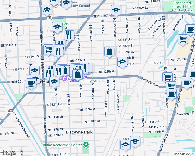 map of restaurants, bars, coffee shops, grocery stores, and more near in North Miami