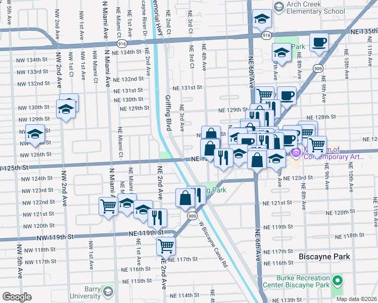 map of restaurants, bars, coffee shops, grocery stores, and more near 360 Florida 922 in North Miami