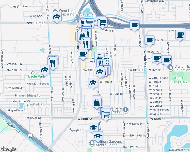 map of restaurants, bars, coffee shops, grocery stores, and more near 7415 West 32nd Lane in Hialeah