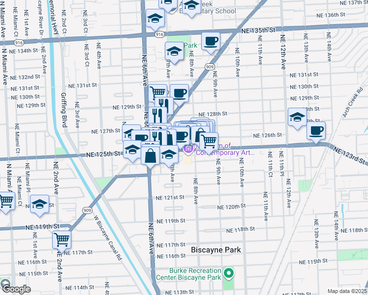 map of restaurants, bars, coffee shops, grocery stores, and more near 732 Northeast 125th Street in North Miami