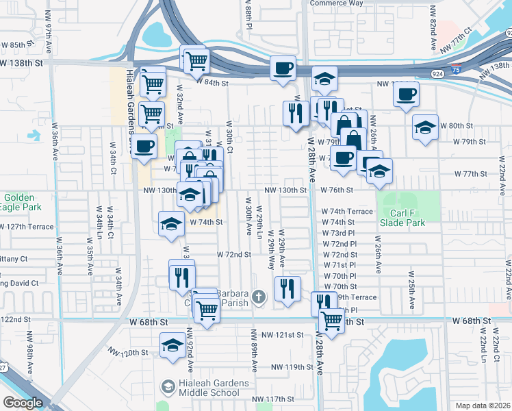 map of restaurants, bars, coffee shops, grocery stores, and more near 7419 West 29th Lane in Hialeah