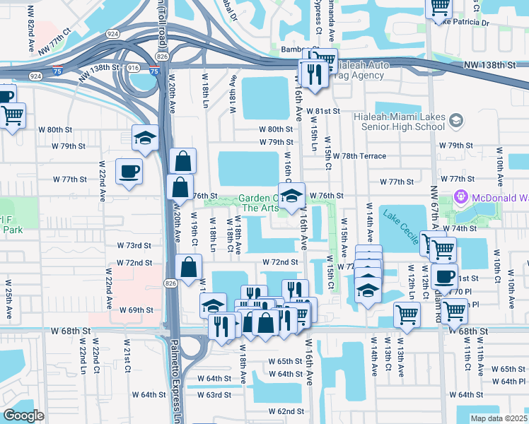 map of restaurants, bars, coffee shops, grocery stores, and more near 1684 West 74th Street in Hialeah