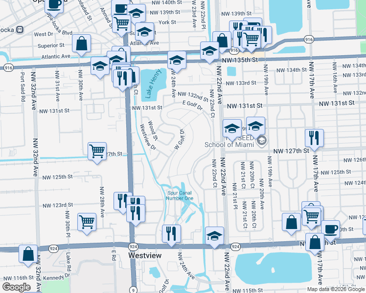 map of restaurants, bars, coffee shops, grocery stores, and more near 12601 East Golf Drive in Miami