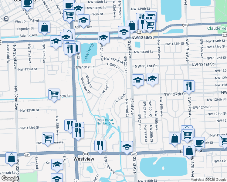 map of restaurants, bars, coffee shops, grocery stores, and more near 12601 East Golf Drive in Miami